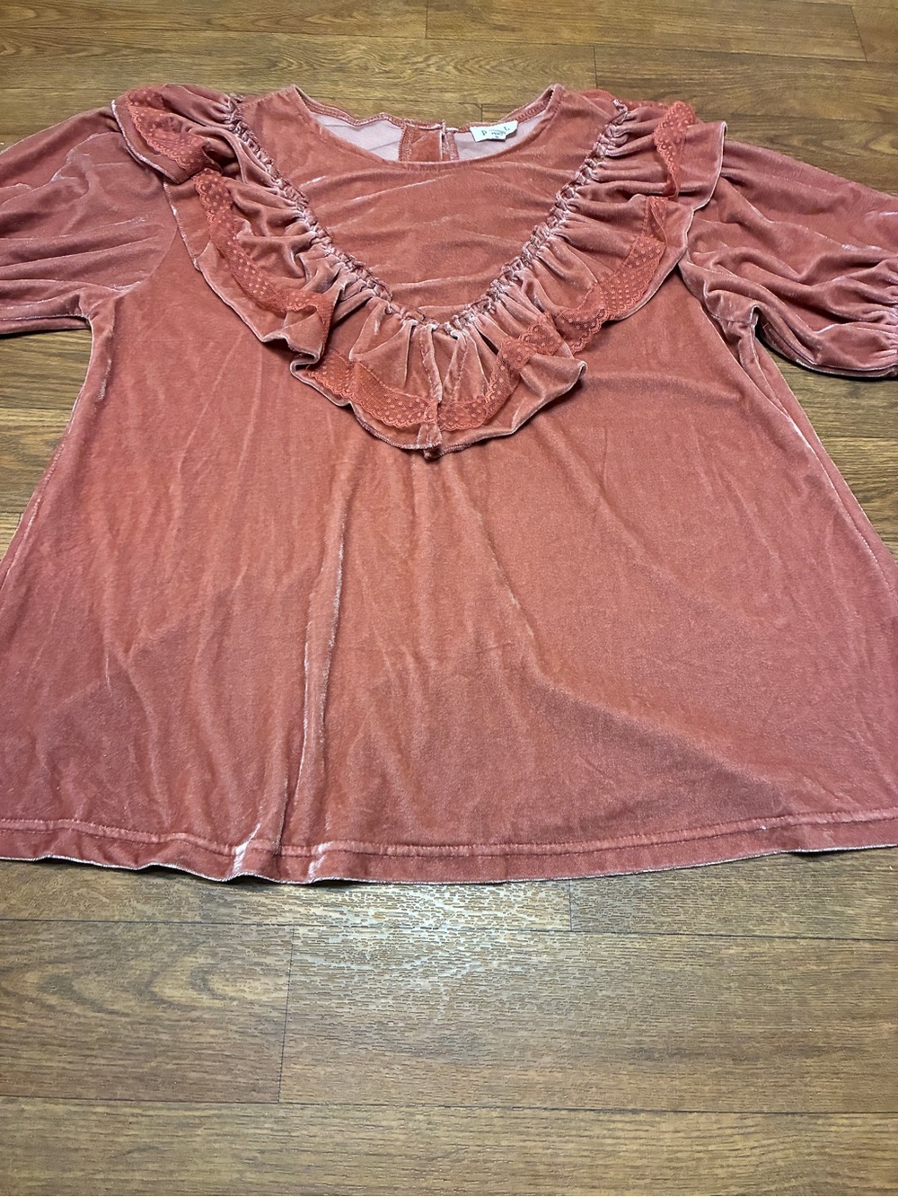 Women's Pol Velvet Ruffle V-Neck Top - Rust Pink Size Small